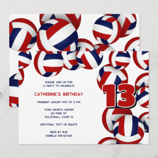 red blue volleyballs girls boys birthday party invitation
