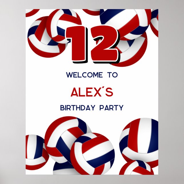 red blue volleyballs kids birthday party welcome poster (Front)