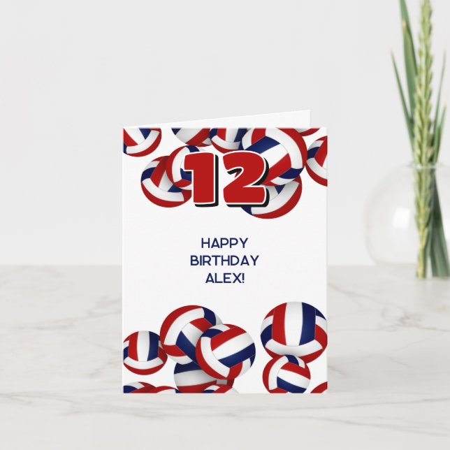 red blue volleyballs kids sports happy birthday card (Front)