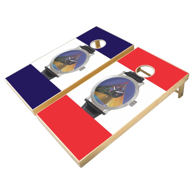 Red Blue Watch The Time Cornhole Set (Angled)