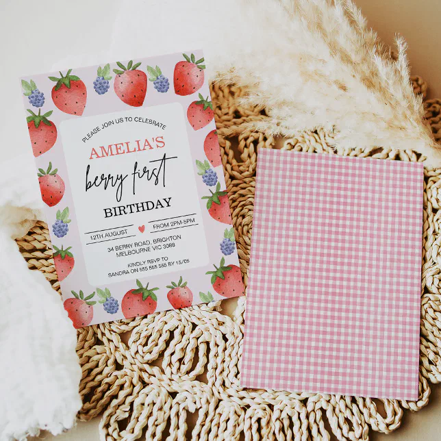 Red Blue Watercolor Berry Sweet First Birthday Invitation | Zazzle