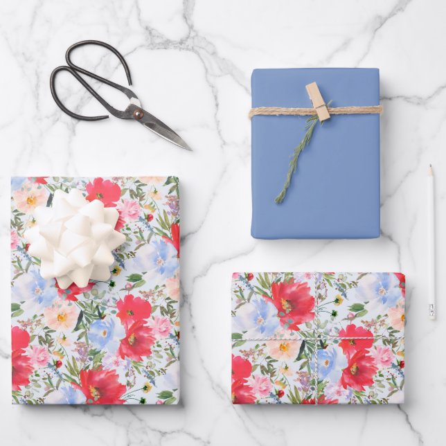 Red Blue Watercolor Florals  Wrapping Paper Sheets (Front)