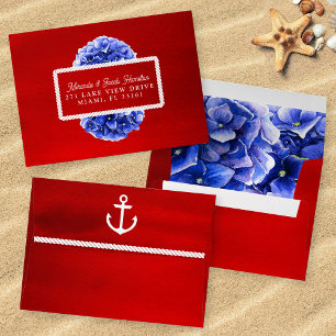 Red Blue Watercolor Flowers RSVP Nautical Wedding Envelope