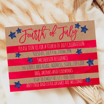 Red Blue Watercolor Stripes Kraft 4th Of July Invitation by girly_trend at Zazzle