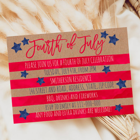 Red Blue Watercolor Stripes Kraft 4th Of July Invitation