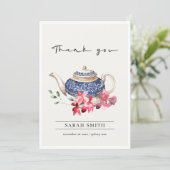 Red Blue watercolor Teapot Floral Tea Party Thank You Card (Standing Front)