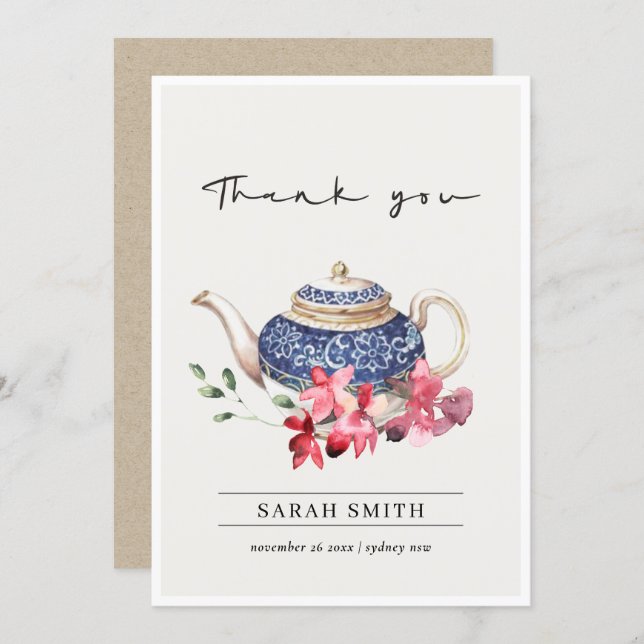 Red Blue watercolor Teapot Floral Tea Party Thank You Card (Front/Back)