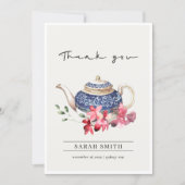 Red Blue watercolor Teapot Floral Tea Party Thank You Card (Front)
