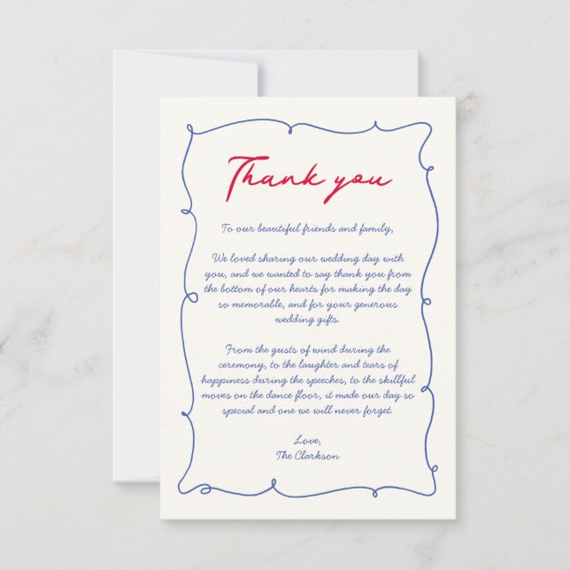 Red & Blue Wavy Hand Drawn Border Monogram Wedding Thank You Card (Front)