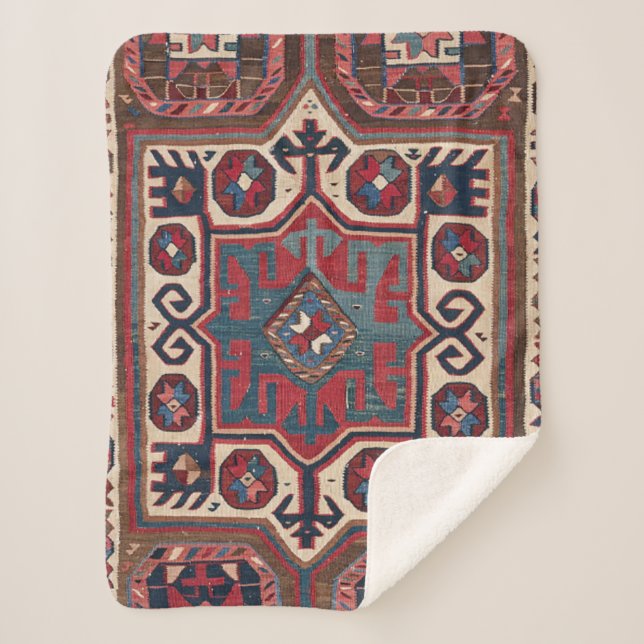 Red Blue Western Santa Fe Cowboy Ornate  Sherpa Blanket (Front)