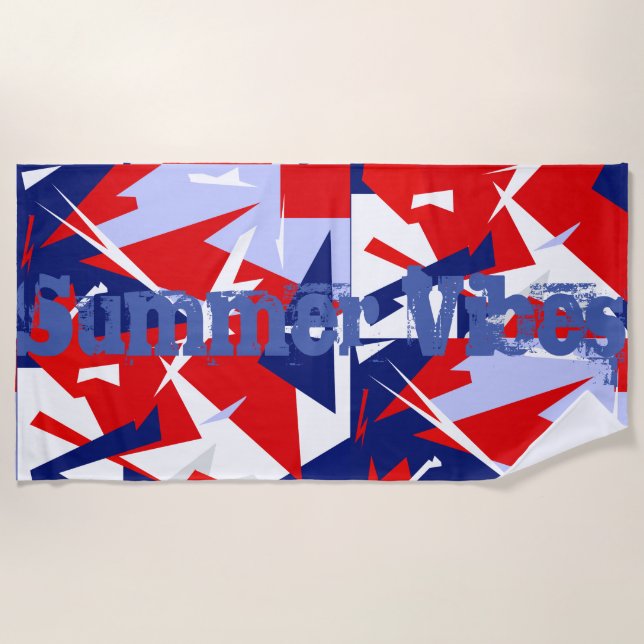 Red Blue White Abstract Summer Vibes Beach Towel (Front)
