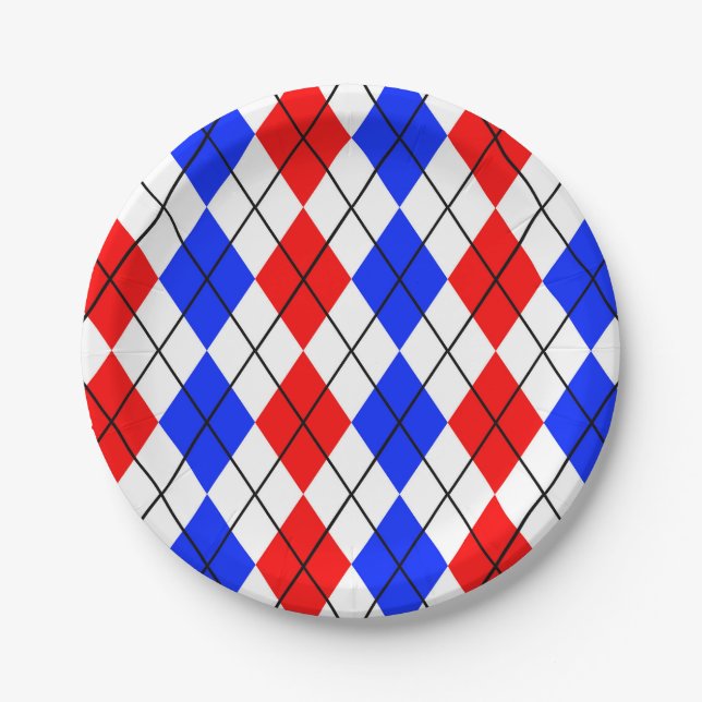 Red Blue White Argyle Plaid Design  Paper Plates (Front)