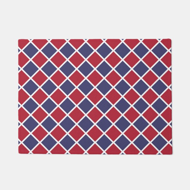 Red Blue White Harlequin Diamond Checker Pattern Doormat (Front)
