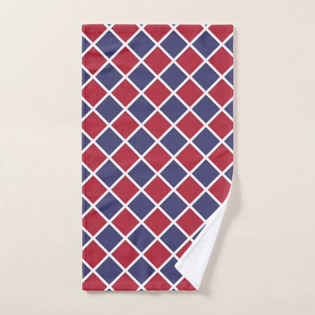 Red Blue White Harlequin Diamond Checker Pattern Hand Towel (Hand Towel)