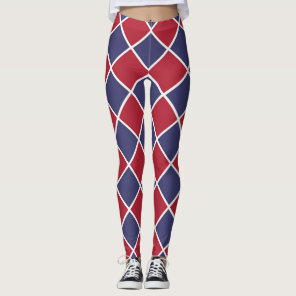 Red Blue White Harlequin Diamond Checker Pattern Leggings