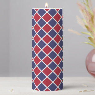 Red Blue White Harlequin Diamond Checker Pattern Pillar Candle