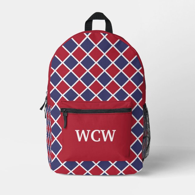 Red Blue White Harlequin Diamond Checker Pattern Printed Backpack (Front)