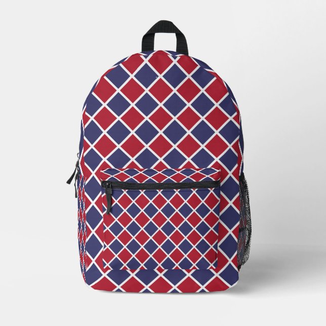 Red Blue White Harlequin Diamond Checker Pattern Printed Backpack (Front)