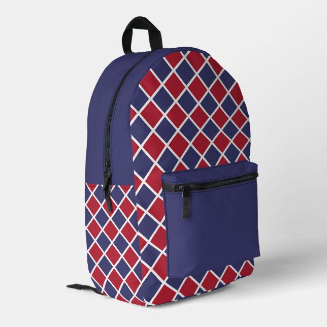 Red Blue White Harlequin Diamond Checker Pattern Printed Backpack (Back Corner Left)