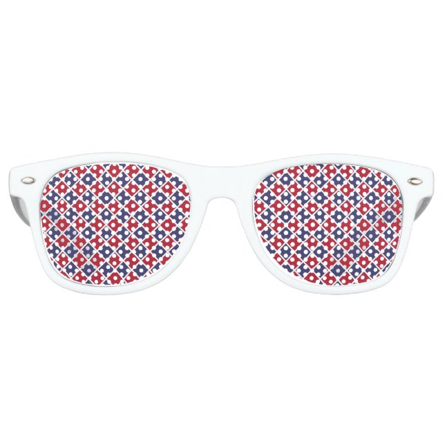 Red Blue White Harlequin Diamond Checker Pattern Retro Sunglasses (Front)