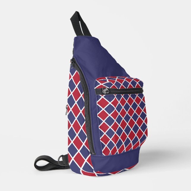 Red Blue White Harlequin Diamond Checker Pattern Sling Bag (Left Corner)