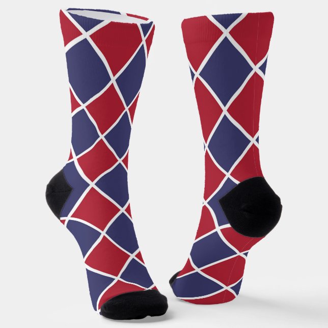 Red Blue White Harlequin Diamond Checker Pattern Socks (Angled)