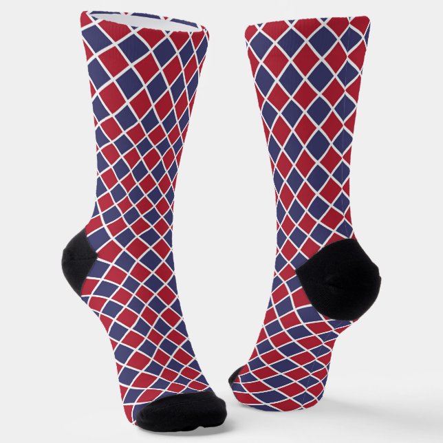 Red Blue White Harlequin Diamond Checker Pattern Socks (Angled)