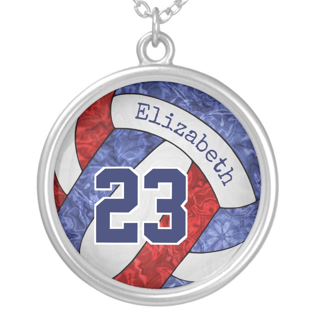 red blue white her custom volleyball team colors silver plated necklace