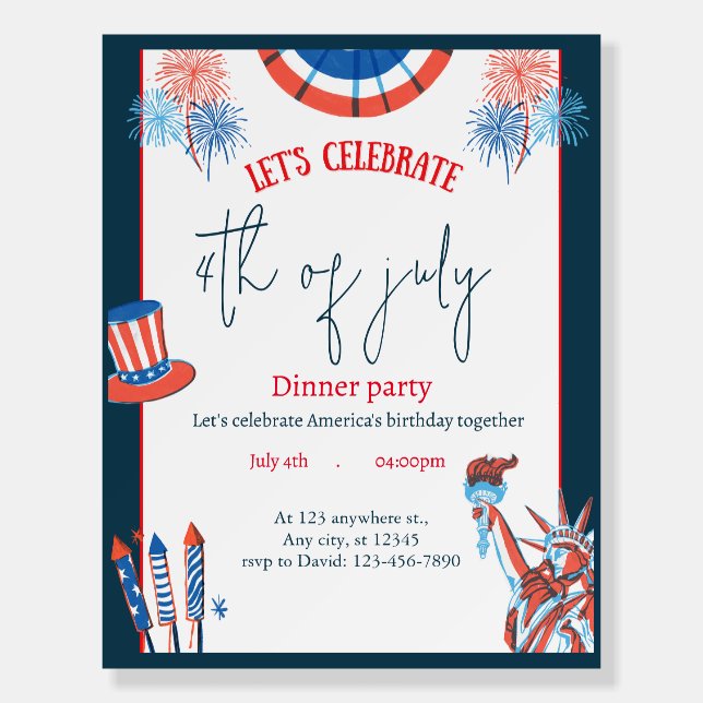 Red Blue White Illustrated 4th of July Foam Board (Front)
