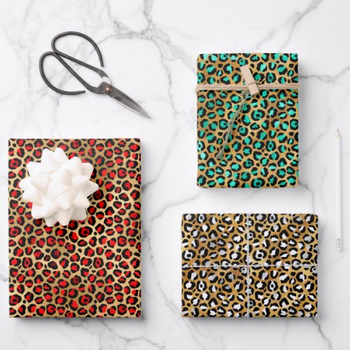 Red blue white leopard print pattern faux fur  wrapping paper sheets