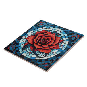 Red Blue White Mosaic Rose Flower Ceramic Tile