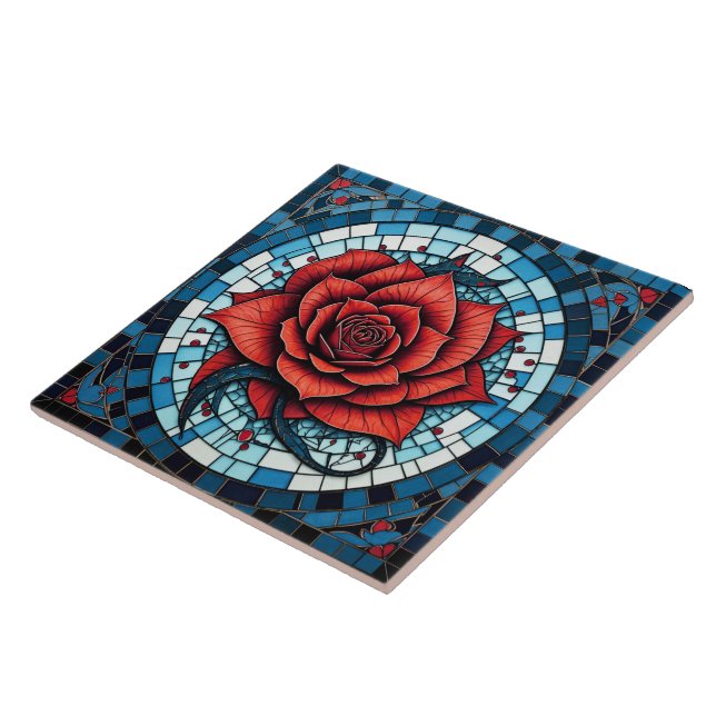 Red Blue White Mosaic Rose Flower Ceramic Tile (Side)