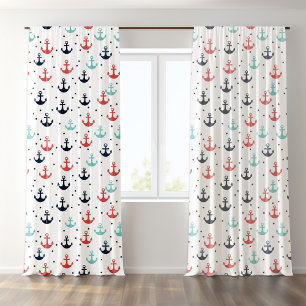 Red Blue White Nautical Boat Anchors Pattern Sheer Curtains