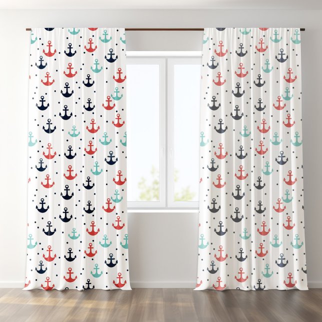 Red Blue White Nautical Boat Anchors Pattern Sheer Curtains (Creator Uploaded)