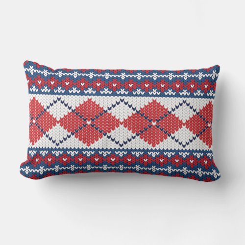 Red Blue  White Nordic Fair Isle Argyle Pattern Lumbar Pillow