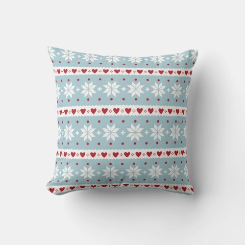 Red Blue White Nordic Style Whimsical Pattern Cus Throw Pillow