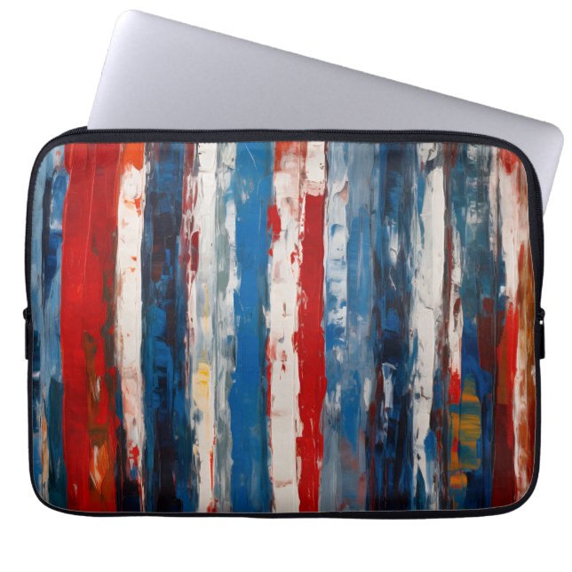 Red Blue White Painted Vertical Abstract Stripes Laptop Sleeve (Front)