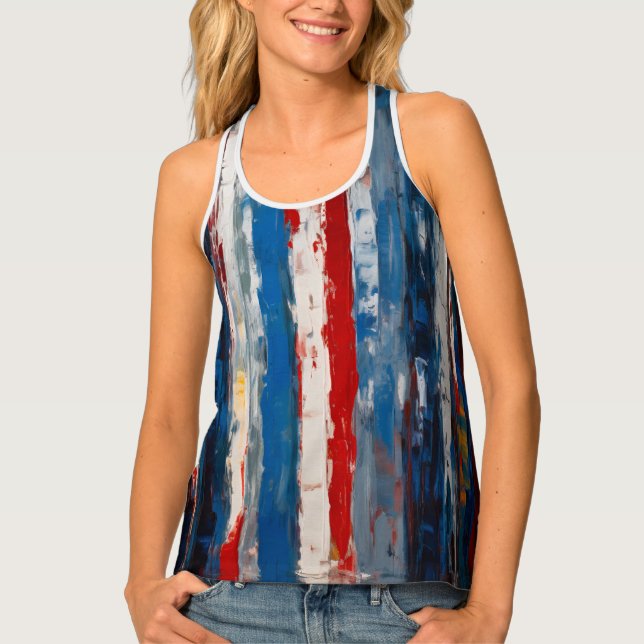 Red Blue White Painted Vertical Abstract Stripes Tank Top (Front)