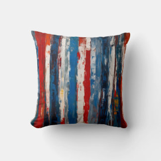 Red Blue White Painted Vertical Abstract Stripes Throw Pillow
