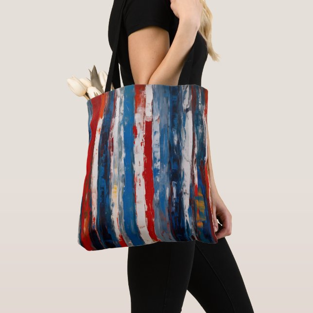Red Blue White Painted Vertical Abstract Stripes Tote Bag (Close Up)