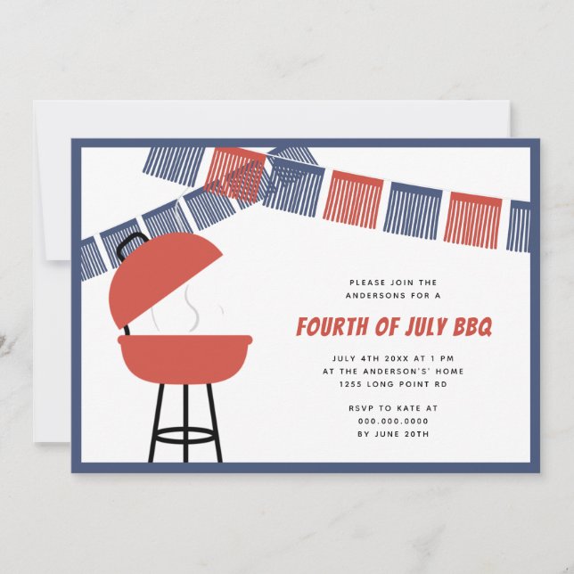 Red Blue & White Party Fringe 4th of July Barbecue Invitation (Front)