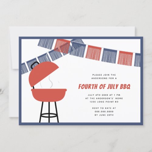 Red Blue  White Party Fringe 4th of July Barbecue Invitation