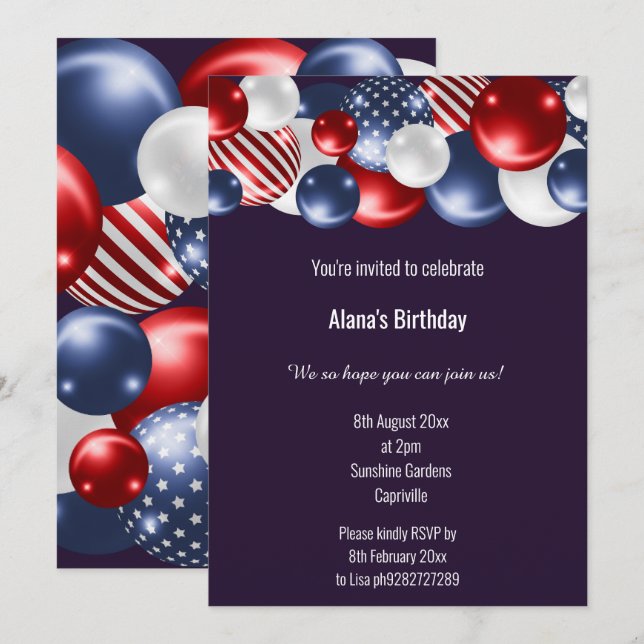 RED BLUE WHITE PATRIOTIC BALLOON BIRTHDAY 2 INVITATION (Front/Back)