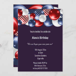 RED BLUE WHITE PATRIOTIC BALLOON BIRTHDAY 2 INVITATION