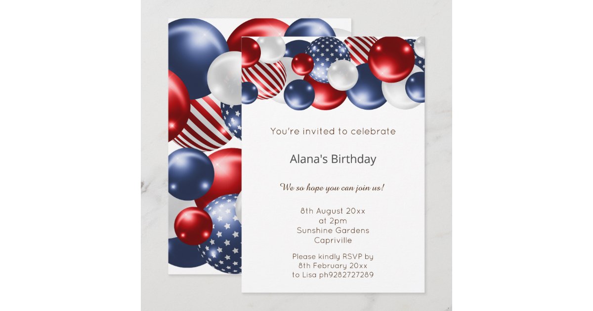 RED BLUE WHITE PATRIOTIC BALLOON BIRTHDAY INVITATION | Zazzle