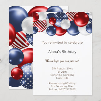 RED BLUE WHITE PATRIOTIC BALLOON BIRTHDAY  INVITATION