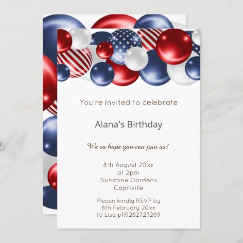 RED BLUE WHITE PATRIOTIC BALLOON BIRTHDAY  INVITATION