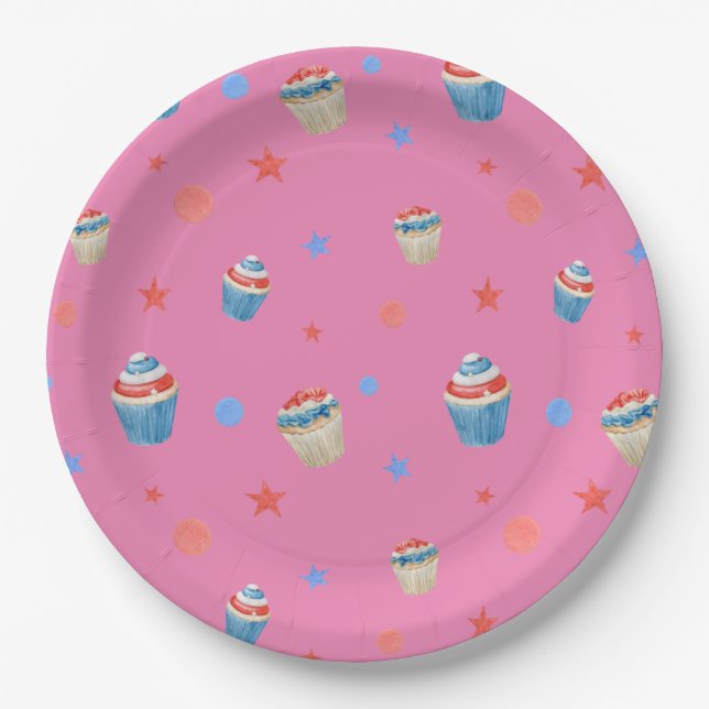 red blue white patriotic birthday cupcakes party paper plates (Front)