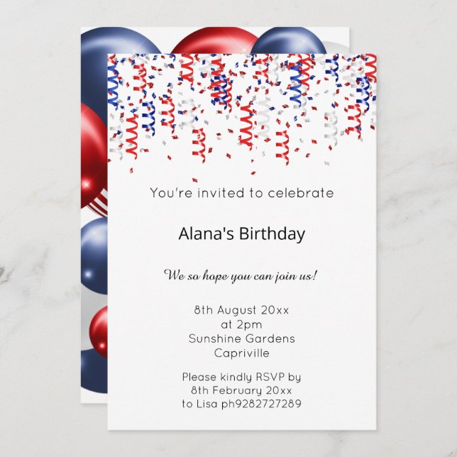 RED BLUE WHITE PATRIOTIC STREAMERS BIRTHDAY   INVITATION (Front/Back)