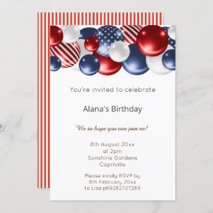 RED BLUE WHITE PATRIOTIC STRIPED 2 BALLOON INVITATION